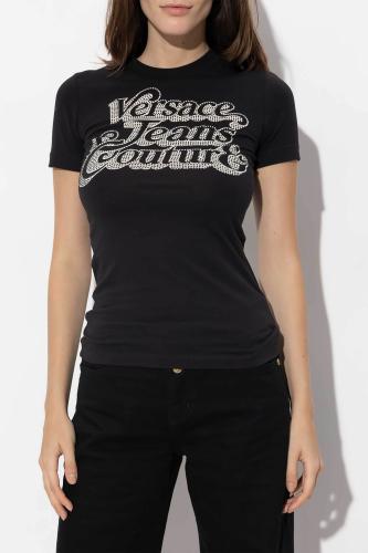 Versace Jeans Couture γυναικείο βαμβακερό T-shirt μονόχρωμο με contrast logo print με rhinestones - 75HAHG02CJ02G Μαύρο M
